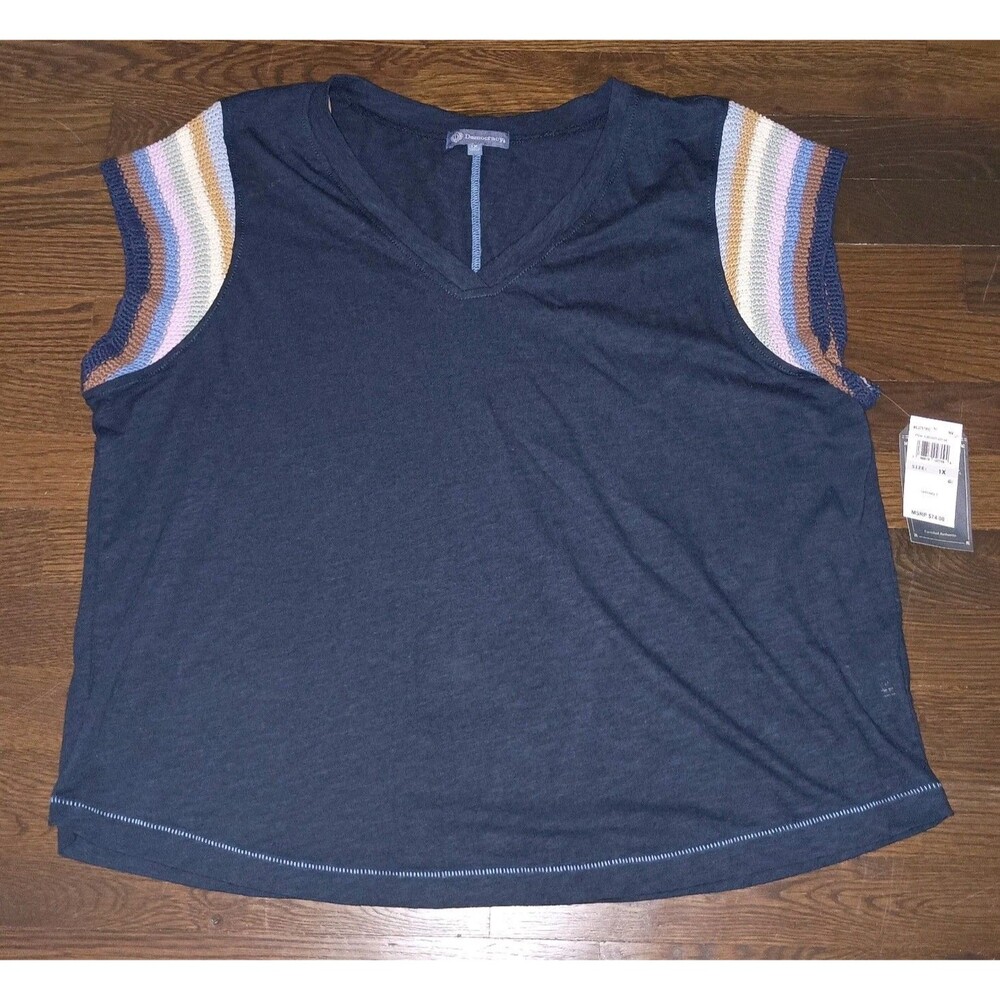 NEW Democracy V-Neck Top Womens 1X Navy Blue Multicolor Crochet Cap Sleeves